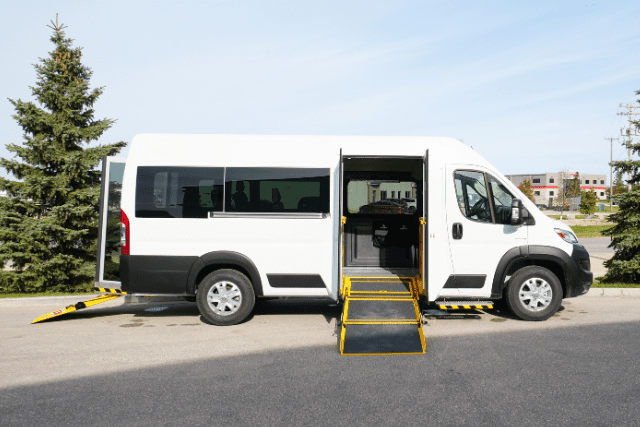 Dual entry Ram Promaster 3500 MoveMobility wheelchair accessible van with rear entry and side entry ramps for wheelchair and mobility access