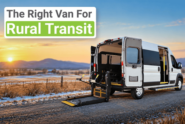 Accessible wheelchair van with a rear lift on a rural winter road